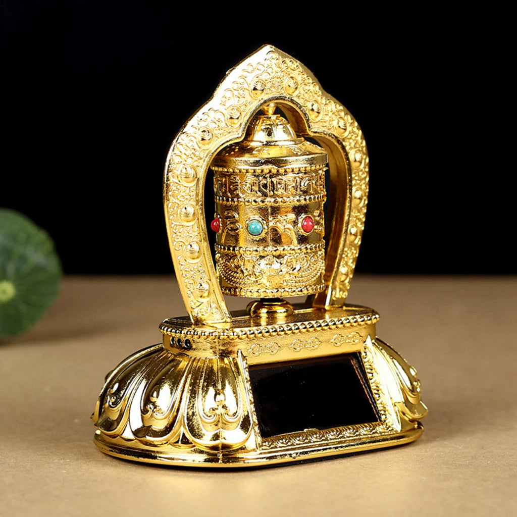 Solar Powered Rotating Buddhist Prayer Wheel Sculpture Tabletop Ornament for Home Decor