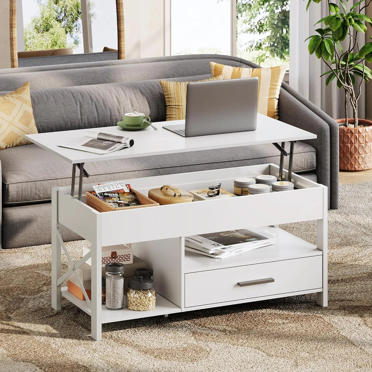 Lift Top Modern Farmhouse Wooden Coffee Table with Storage for Living Room Dining Office