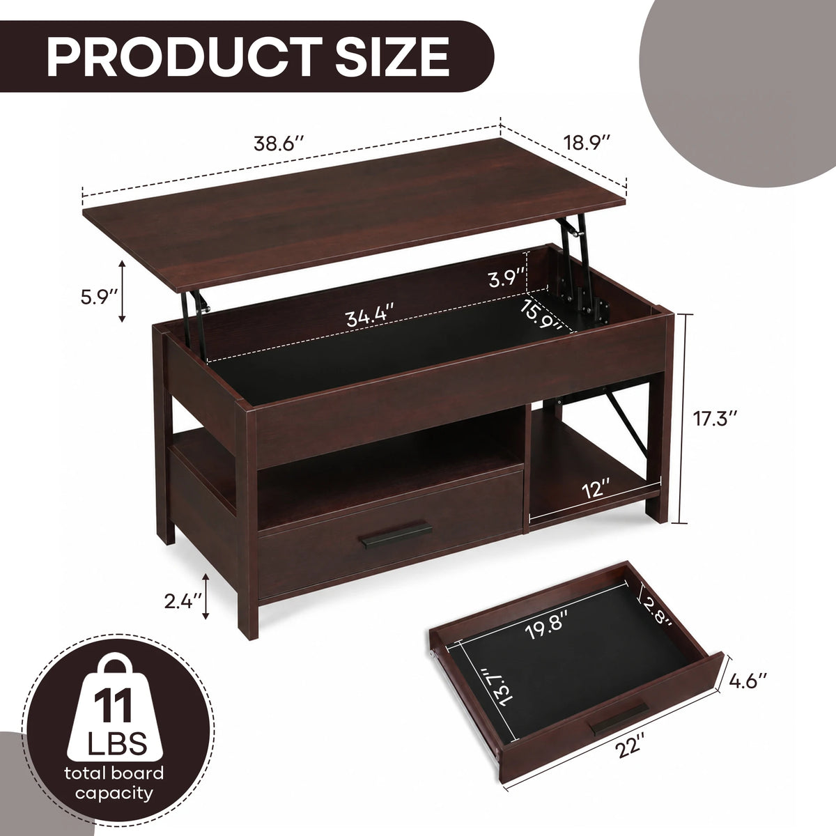 Lift Top Modern Farmhouse Wooden Coffee Table with Storage for Living Room Dining Office