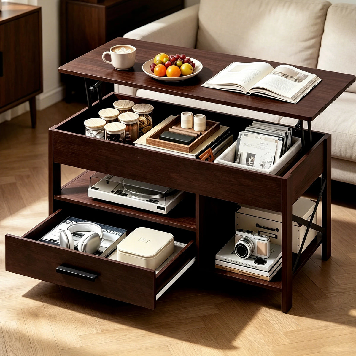 Lift Top Modern Farmhouse Wooden Coffee Table with Storage for Living Room Dining Office