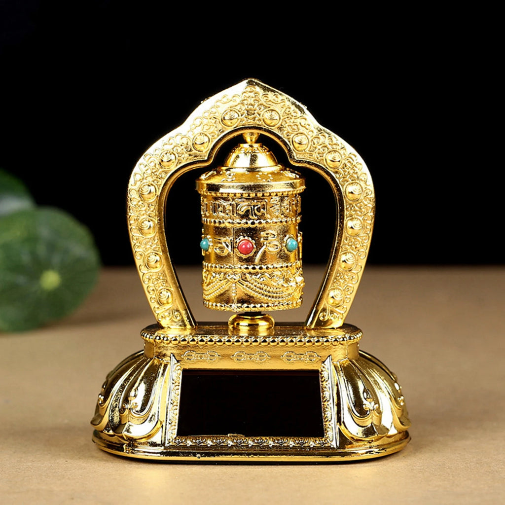 Solar Powered Rotating Buddhist Prayer Wheel Sculpture Tabletop Ornament for Home Decor