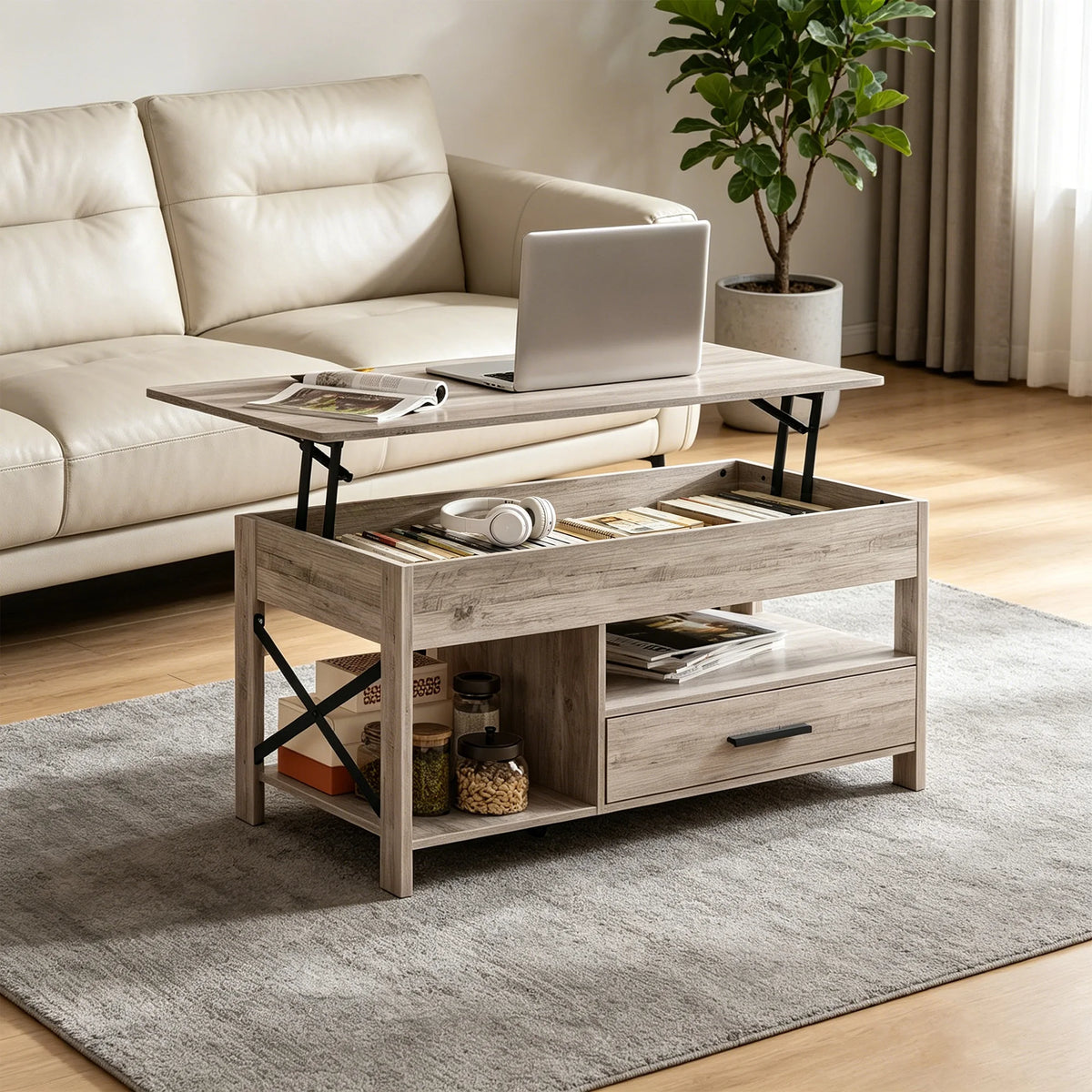Lift Top Modern Farmhouse Wooden Coffee Table with Storage for Living Room Dining Office