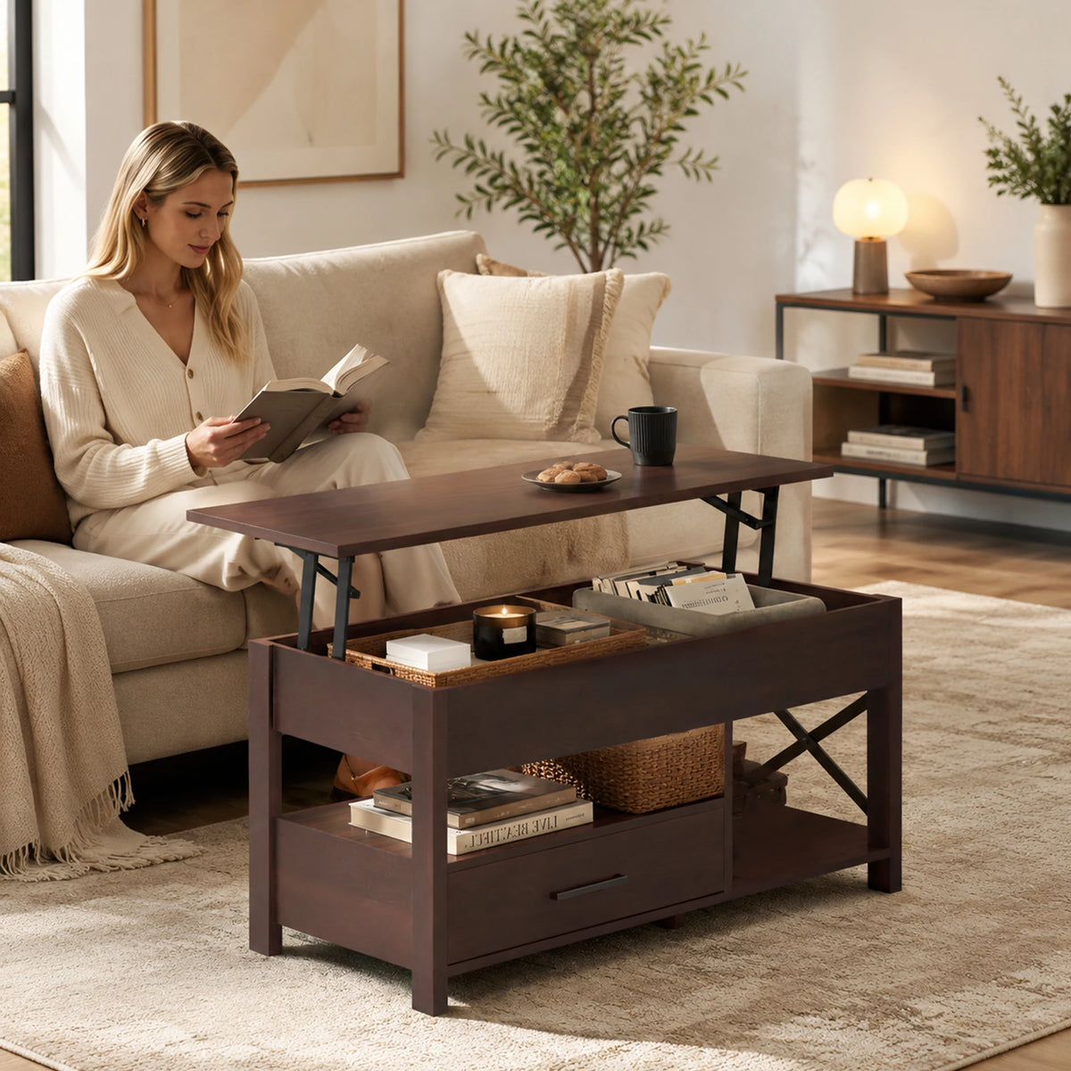 Lift Top Modern Farmhouse Wooden Coffee Table with Storage for Living Room Dining Office