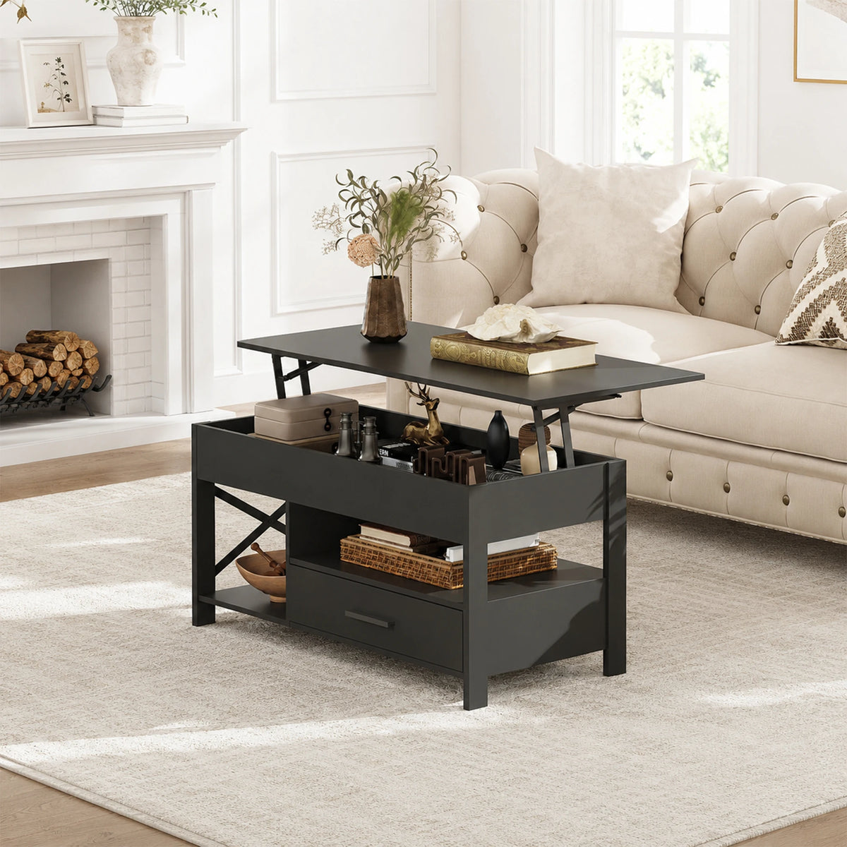 Lift Top Modern Farmhouse Wooden Coffee Table with Storage for Living Room Dining Office