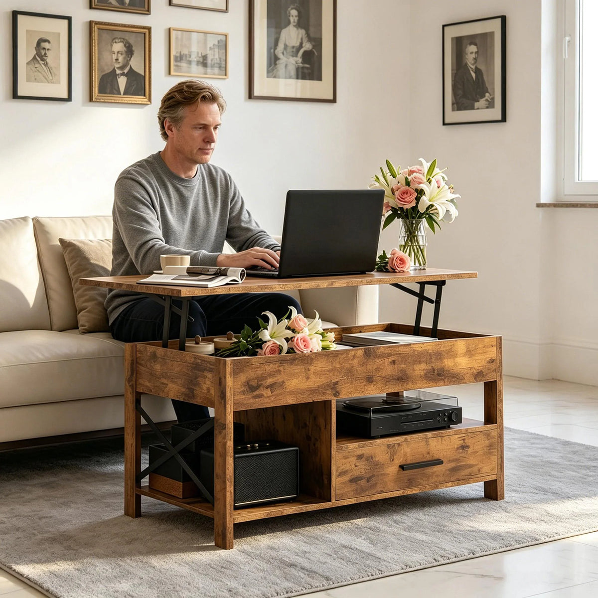 Lift Top Modern Farmhouse Wooden Coffee Table with Storage for Living Room Dining Office
