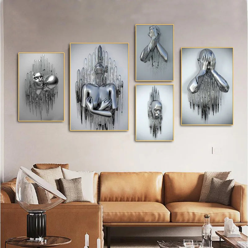 Abstract Metal Figure Statue Canvas Painting Poster for Home Decor