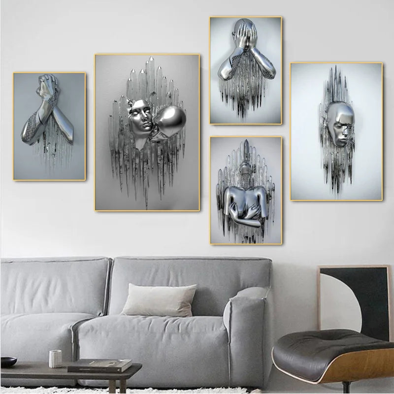 Abstract Metal Figure Statue Canvas Painting Poster for Home Decor