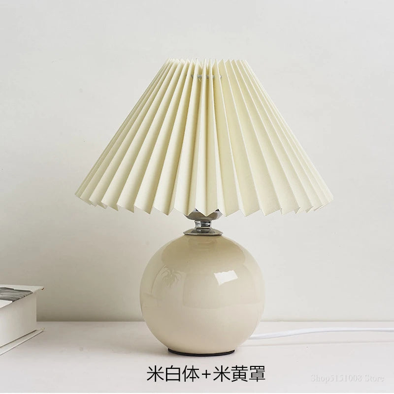Japanese-Style Ceramic Table Lamp with Pleated Fabric Shade for Bedroom