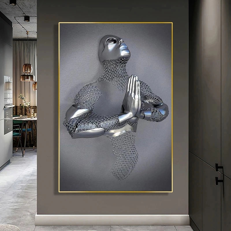 Abstract Metal Figure Statue Canvas Painting Poster for Home Decor