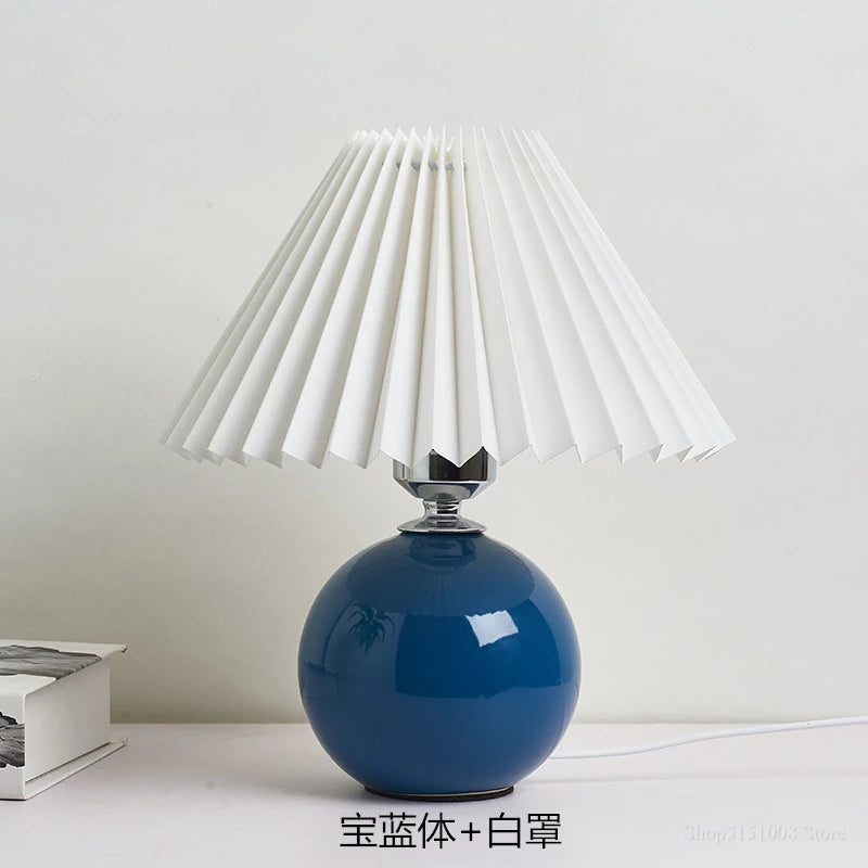 Japanese-Style Ceramic Table Lamp with Pleated Fabric Shade for Bedroom