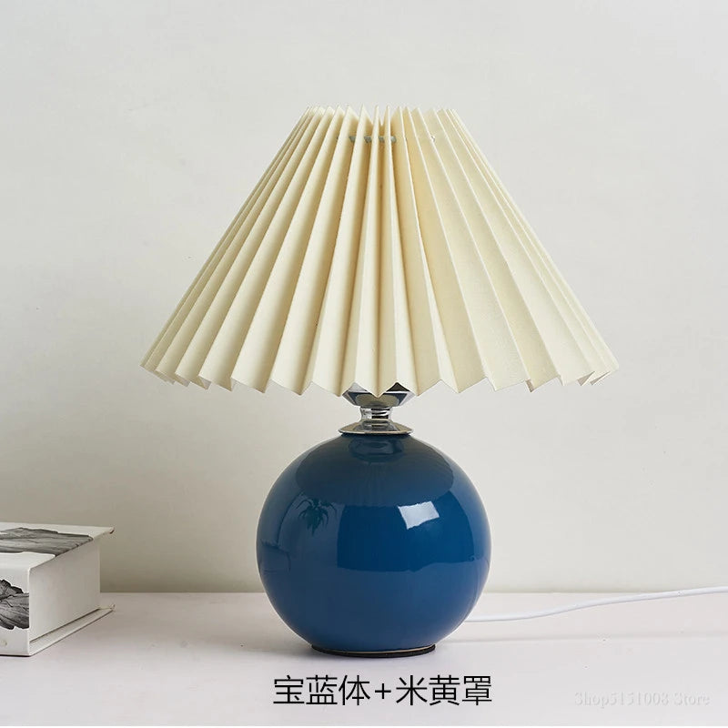 Japanese-Style Ceramic Table Lamp with Pleated Fabric Shade for Bedroom