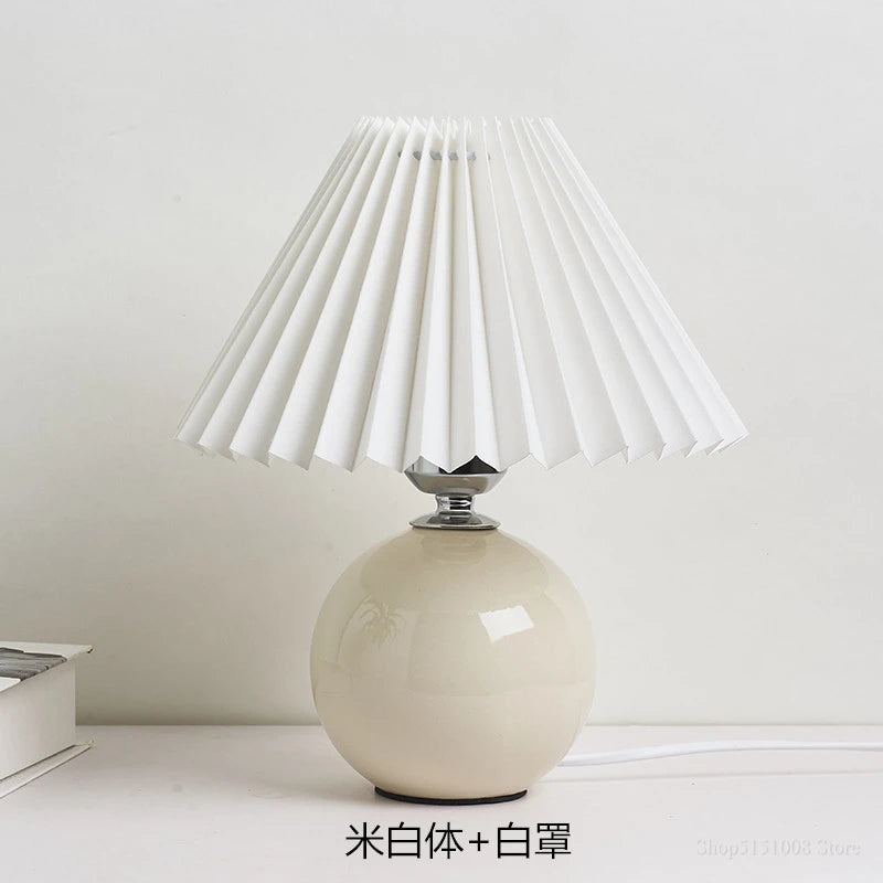 Japanese-Style Ceramic Table Lamp with Pleated Fabric Shade for Bedroom