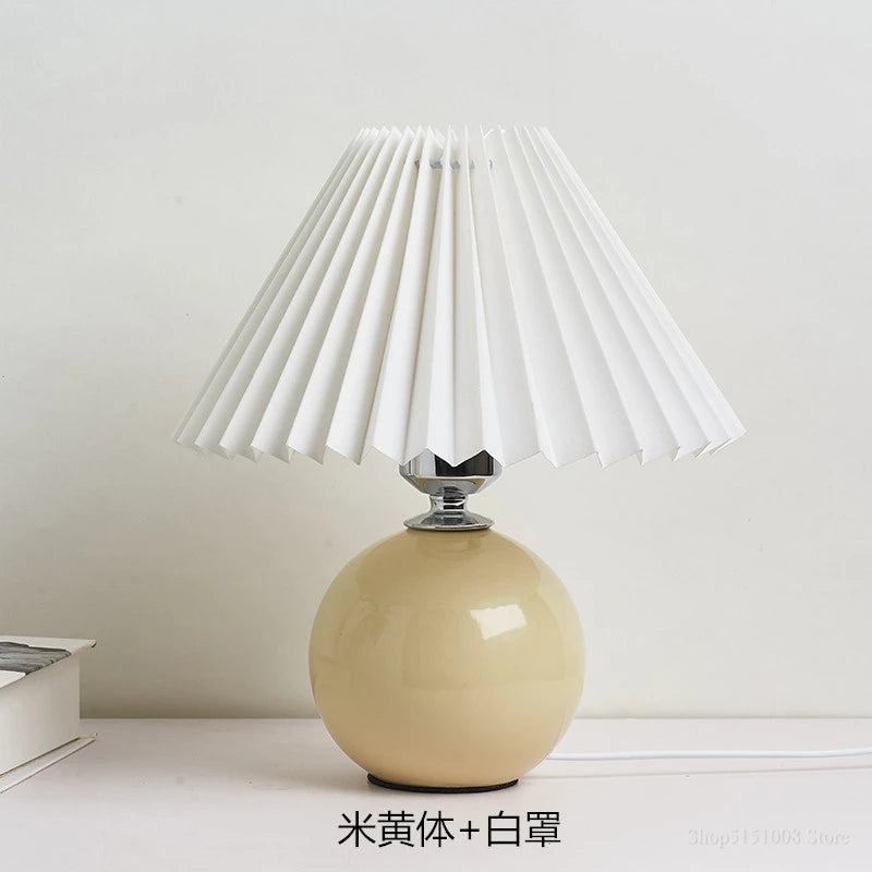 Japanese-Style Ceramic Table Lamp with Pleated Fabric Shade for Bedroom