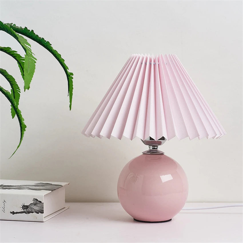 Japanese-Style Ceramic Table Lamp with Pleated Fabric Shade for Bedroom