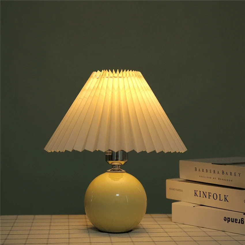 Japanese-Style Ceramic Table Lamp with Pleated Fabric Shade for Bedroom