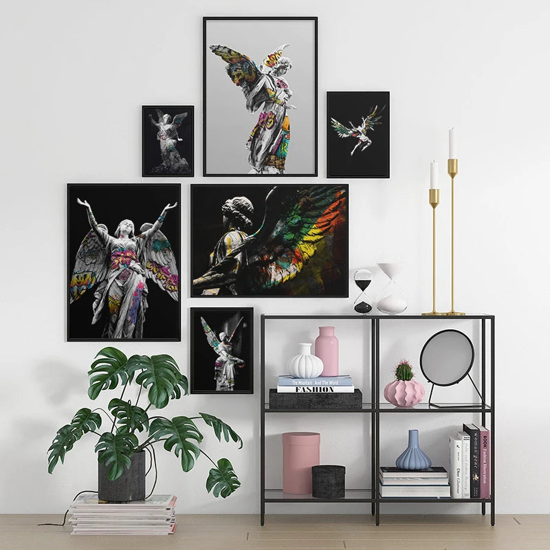 Vaporwave Sculpture Wings Graffiti Canvas Painting Poster for Home Decor