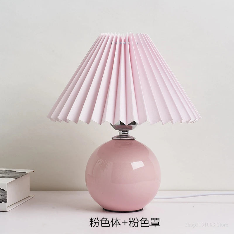 Japanese-Style Ceramic Table Lamp with Pleated Fabric Shade for Bedroom