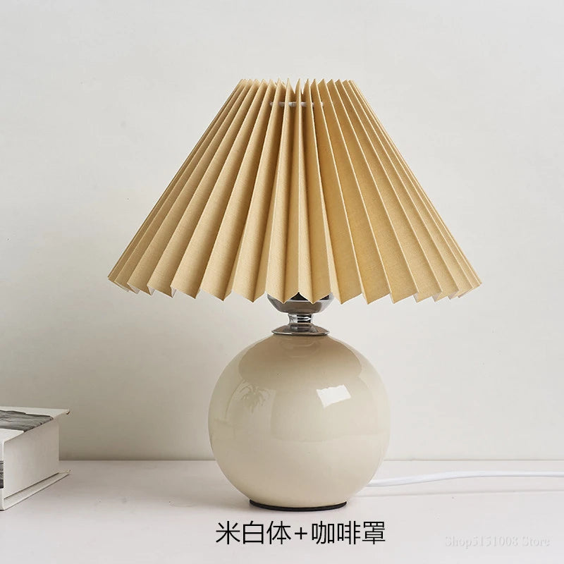 Japanese-Style Ceramic Table Lamp with Pleated Fabric Shade for Bedroom