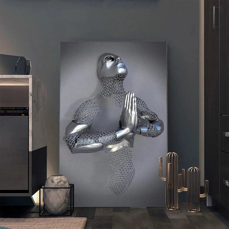Abstract Metal Figure Statue Canvas Painting Poster for Home Decor