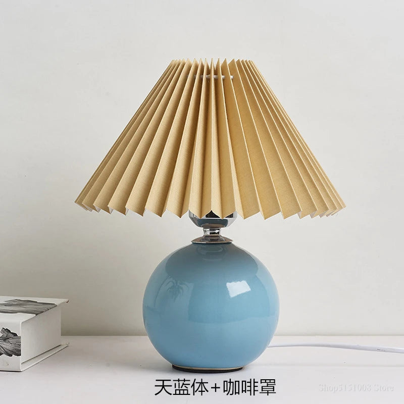 Japanese-Style Ceramic Table Lamp with Pleated Fabric Shade for Bedroom