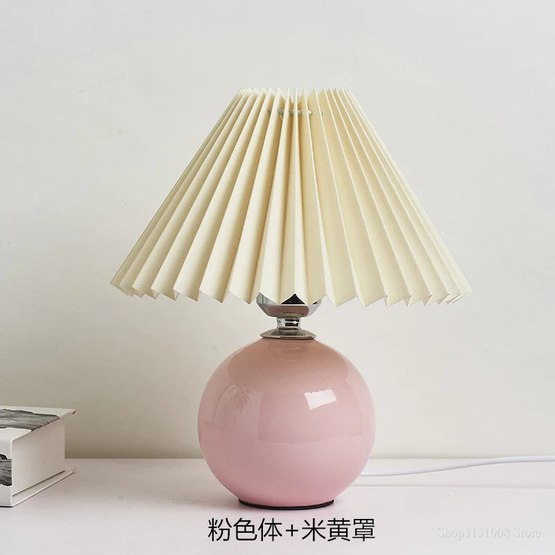 Japanese-Style Ceramic Table Lamp with Pleated Fabric Shade for Bedroom