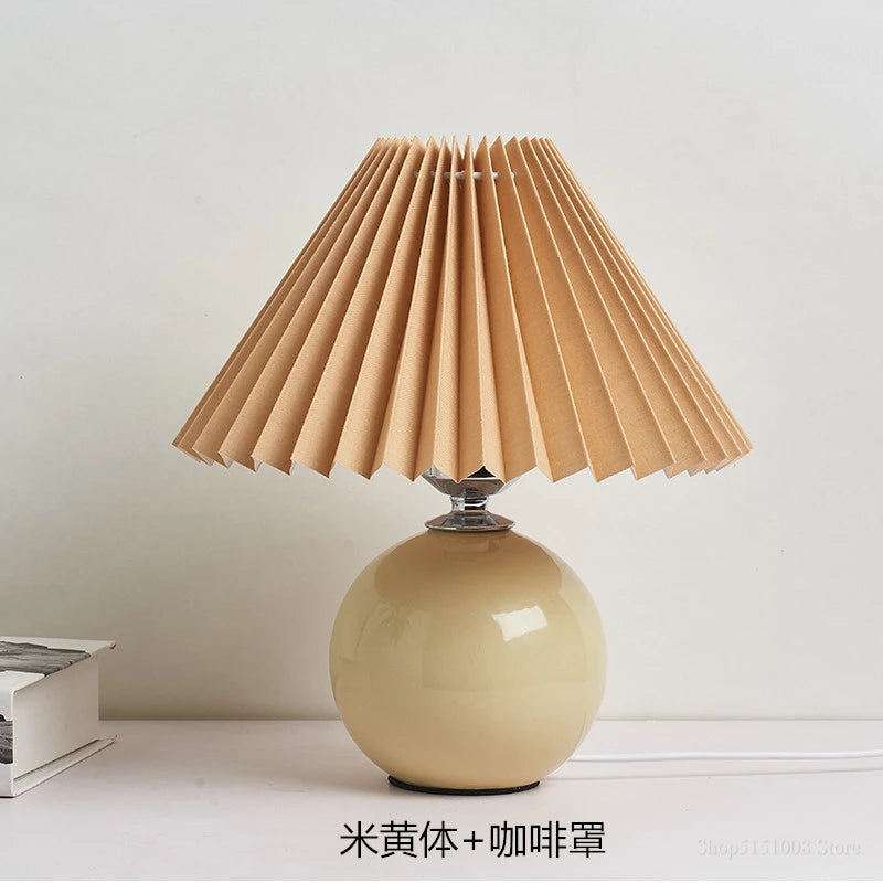Japanese-Style Ceramic Table Lamp with Pleated Fabric Shade for Bedroom