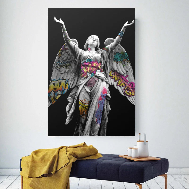 Vaporwave Sculpture Wings Graffiti Canvas Painting Poster for Home Decor