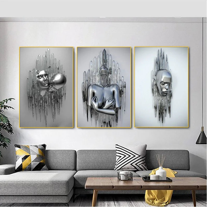 Abstract Metal Figure Statue Canvas Painting Poster for Home Decor