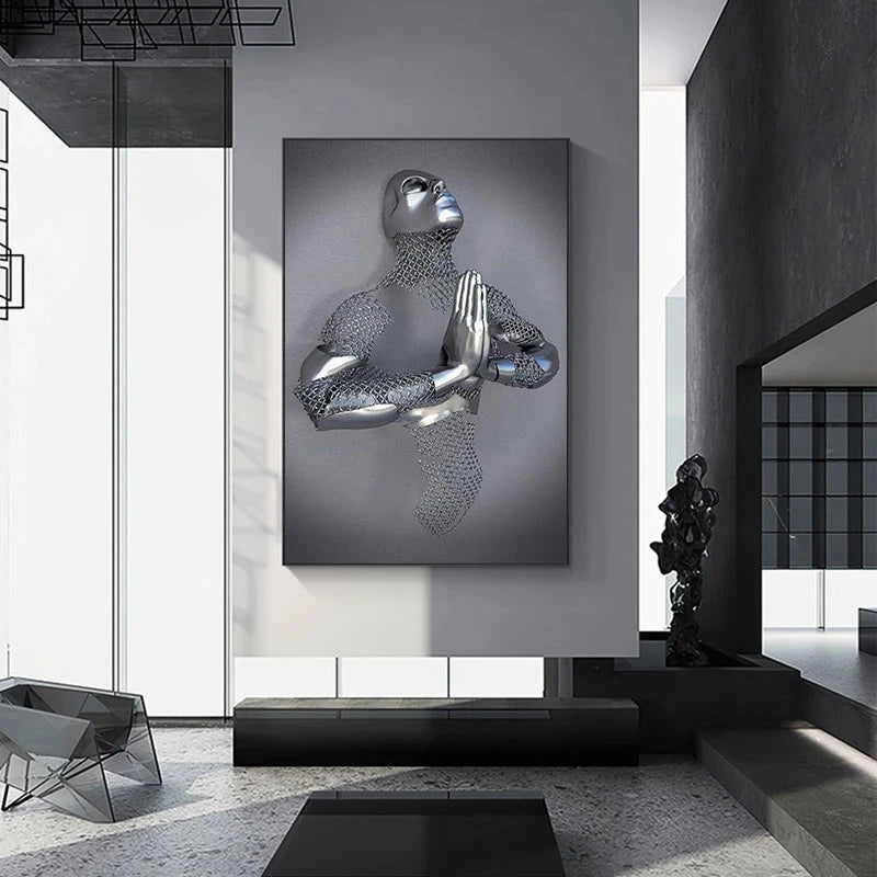 Abstract Metal Figure Statue Canvas Painting Poster for Home Decor