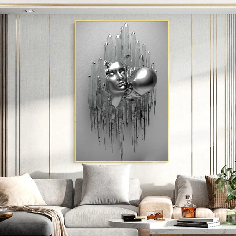 Abstract Metal Figure Statue Canvas Painting Poster for Home Decor