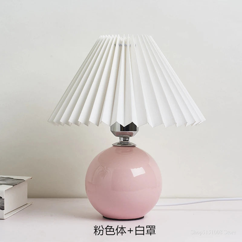 Japanese-Style Ceramic Table Lamp with Pleated Fabric Shade for Bedroom