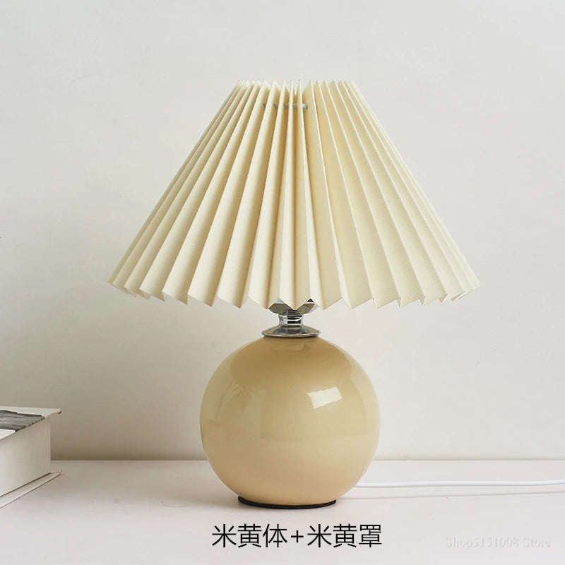 Japanese-Style Ceramic Table Lamp with Pleated Fabric Shade for Bedroom
