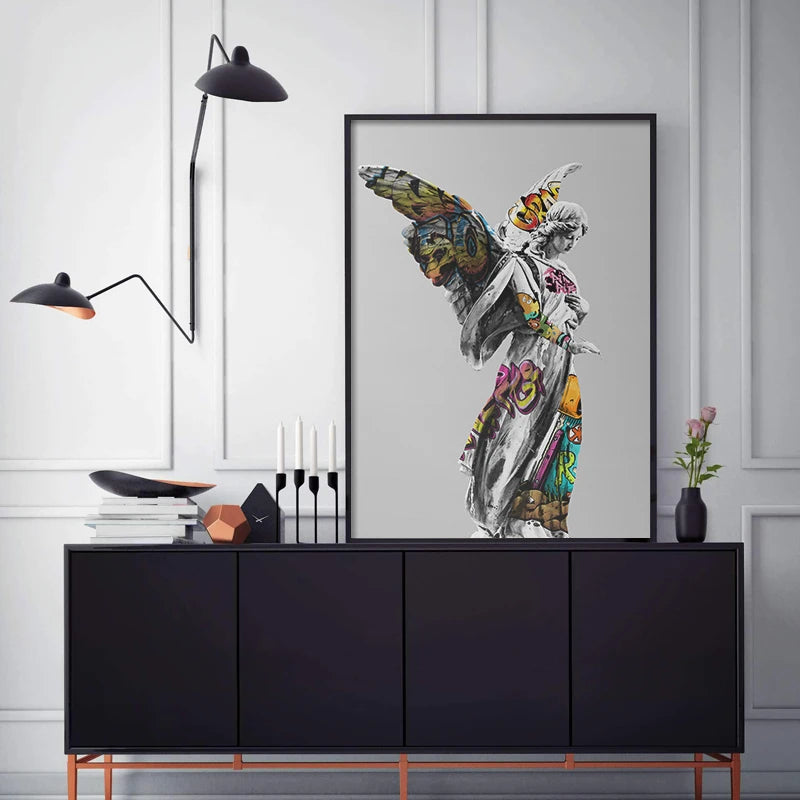 Vaporwave Sculpture Wings Graffiti Canvas Painting Poster for Home Decor