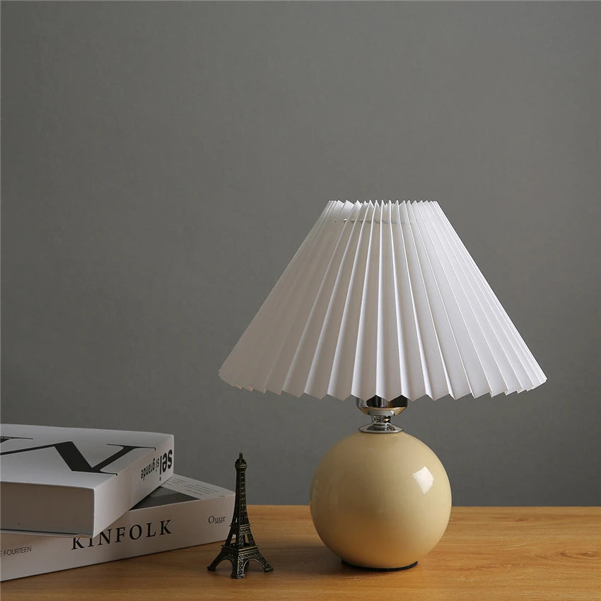 Japanese-Style Ceramic Table Lamp with Pleated Fabric Shade for Bedroom