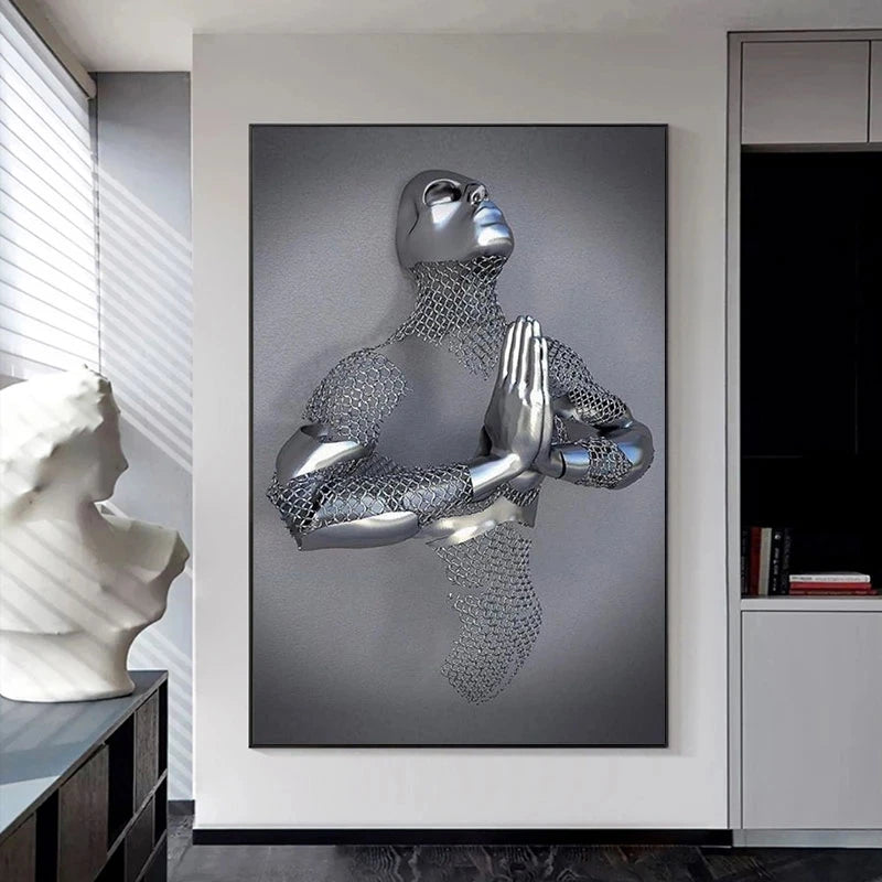 Abstract Metal Figure Statue Canvas Painting Poster for Home Decor