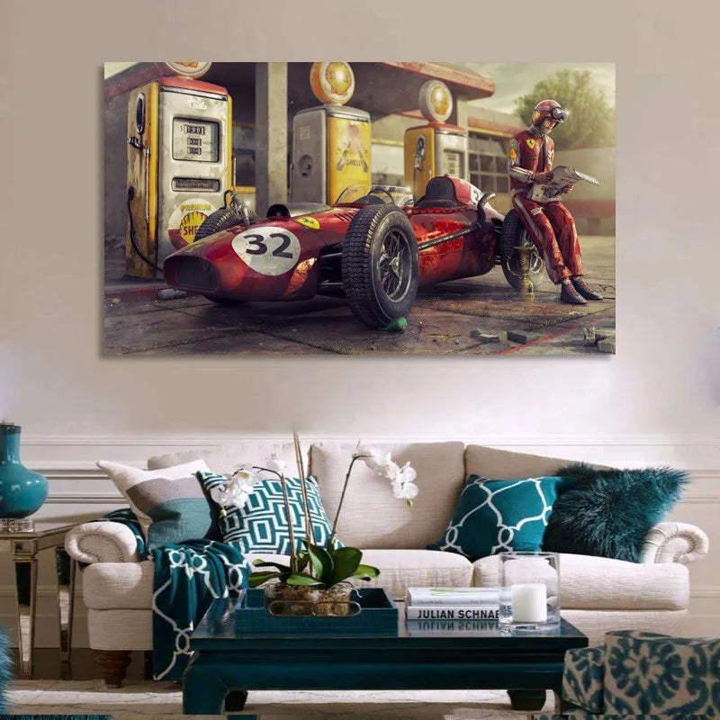 Vintage Racing Car Canvas Wall Art Print for Living Room