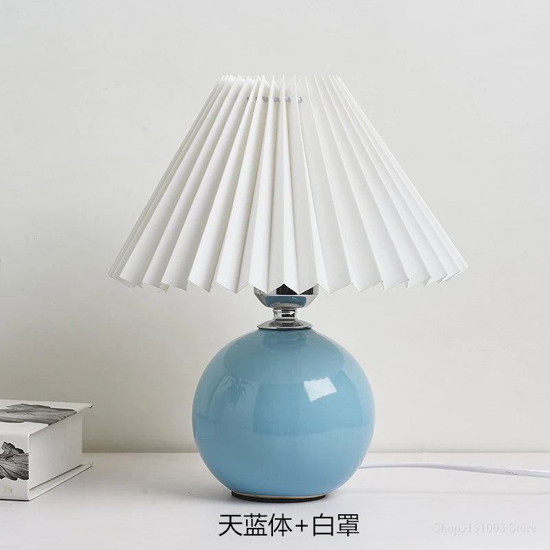 Japanese-Style Ceramic Table Lamp with Pleated Fabric Shade for Bedroom