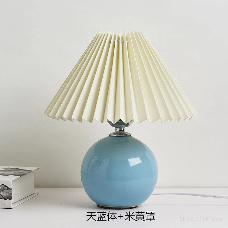 Japanese-Style Ceramic Table Lamp with Pleated Fabric Shade for Bedroom