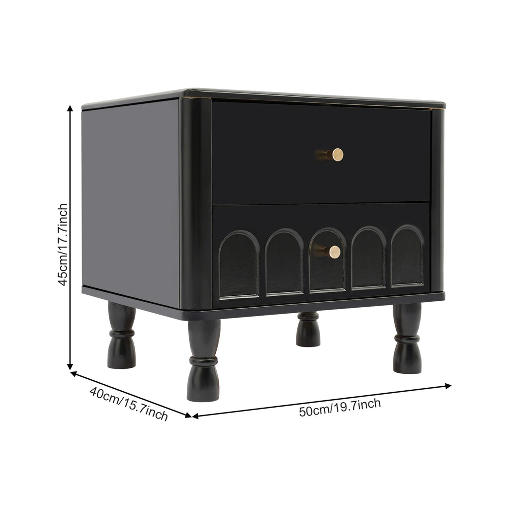 Retro Black 2-Drawer Wooden Nightstand with Metal Handles