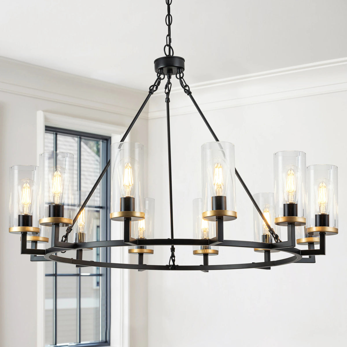 12-Light High Translucent Large Glass Chandelier Rustic Black for Living Room Foyer Entryway