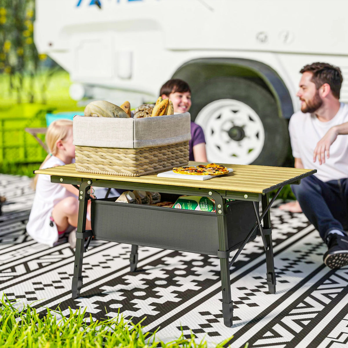 Height Adjustable Folding Camping Table with Storage Basket Portable Aluminum Outdoor Table 90 cm x 55 cm