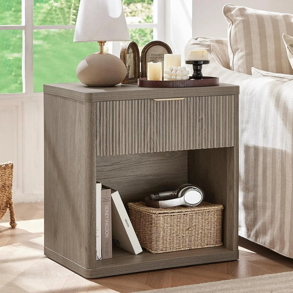 58cm Fluted Farmhouse Nightstand with Drawer Charging Station End Table