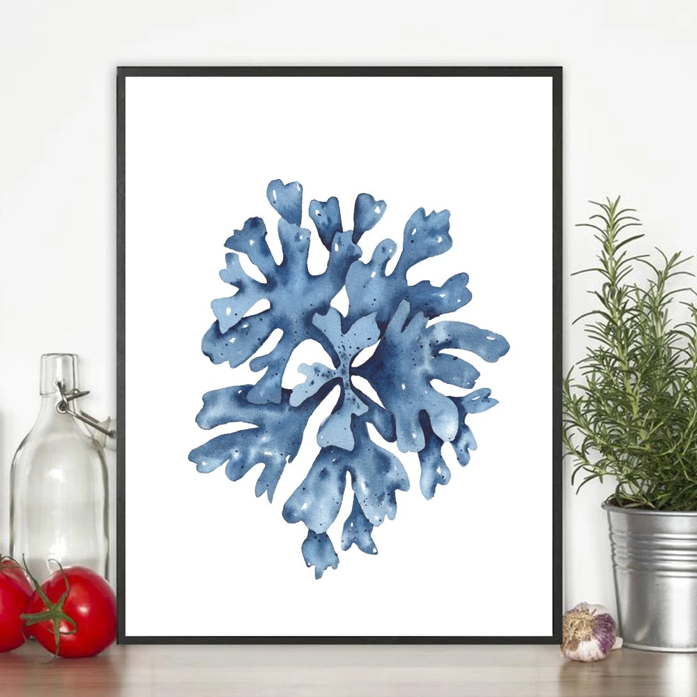 Coastal Blue Coral Watercolor Canvas Painting Poster for Home Decor