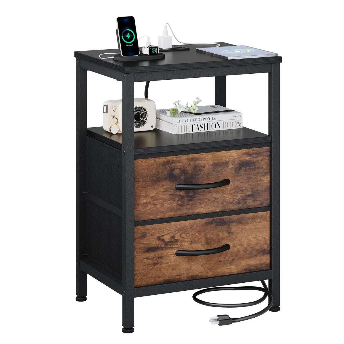 Nightstand with Charging Station and 2 Fabric Drawers 40 cm Wide