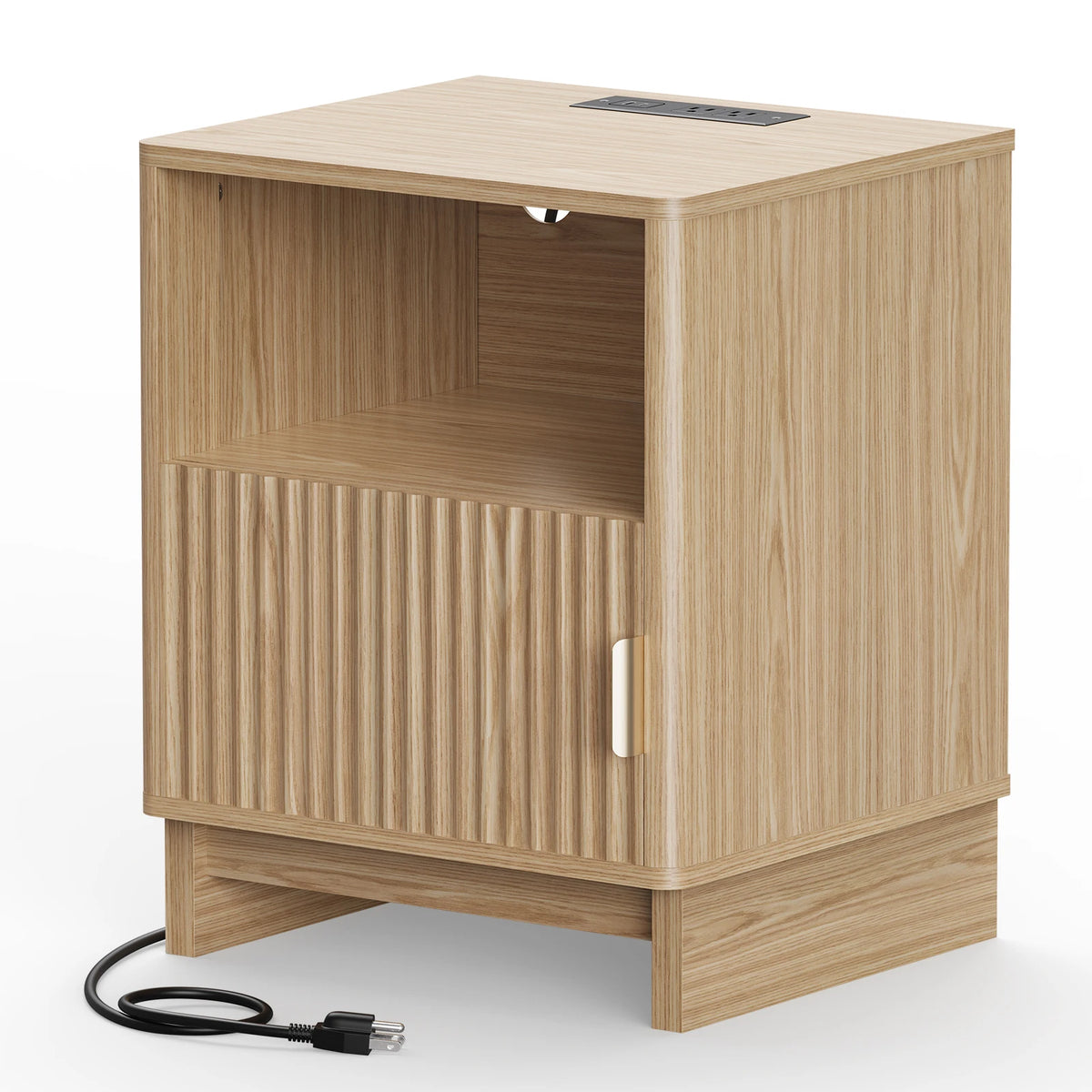 Fluted Wooden Nightstand with USB-C Charging Station and Open Shelf