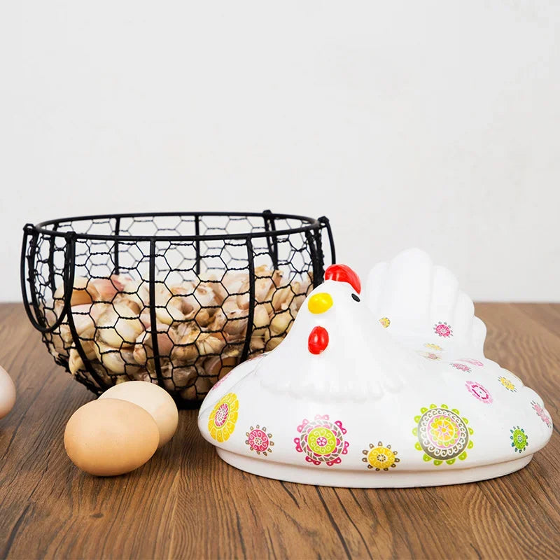 Ceramic Hen Kitchen Garlic Bread Storage Basket Container