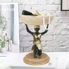 African Man Statue Resin Storage Basket Tray for Home Decor