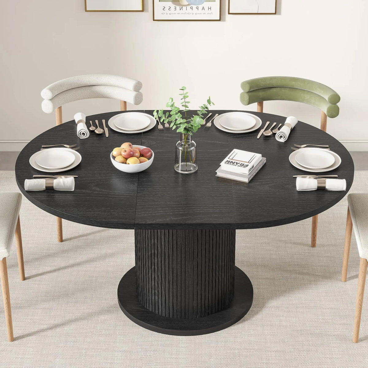 110-150cm Modern Farmhouse Round Dining Table for 4-6 People Adjustable Size
