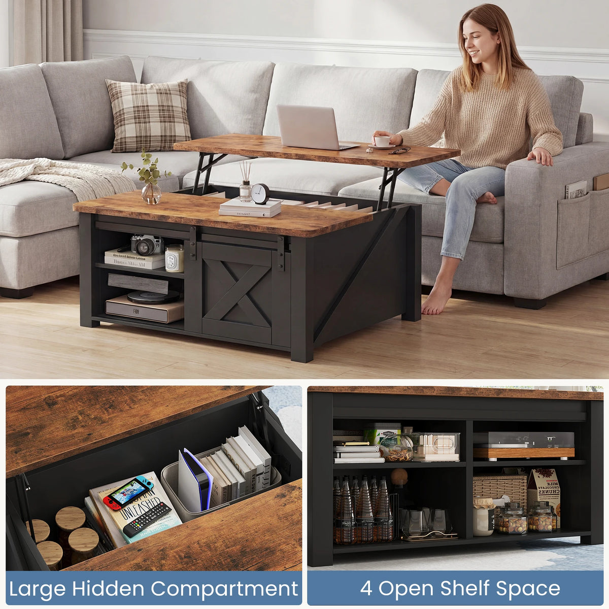 31.5 in Wood Lift Top Coffee Table Square Living Room Adjustable Storage Shelf