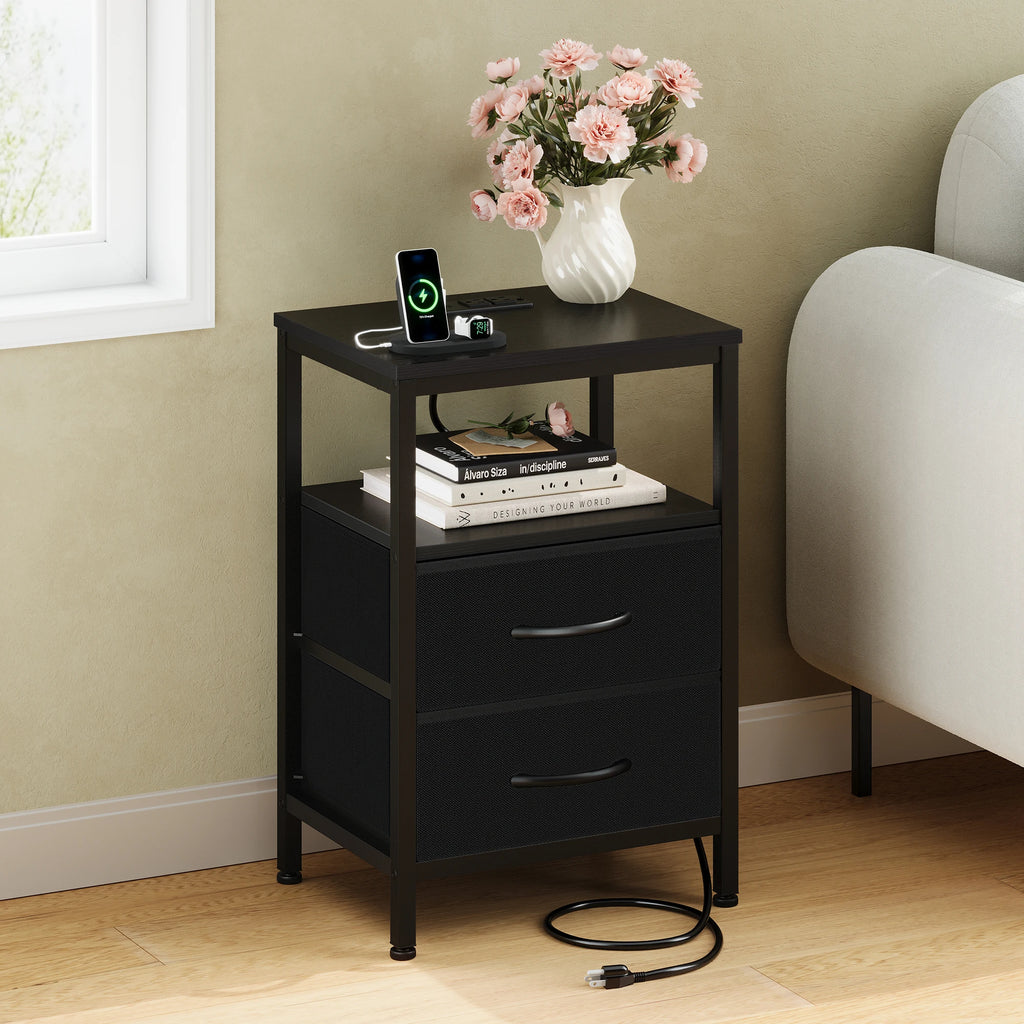 Nightstand with Charging Station and 2 Fabric Drawers 40 cm Wide